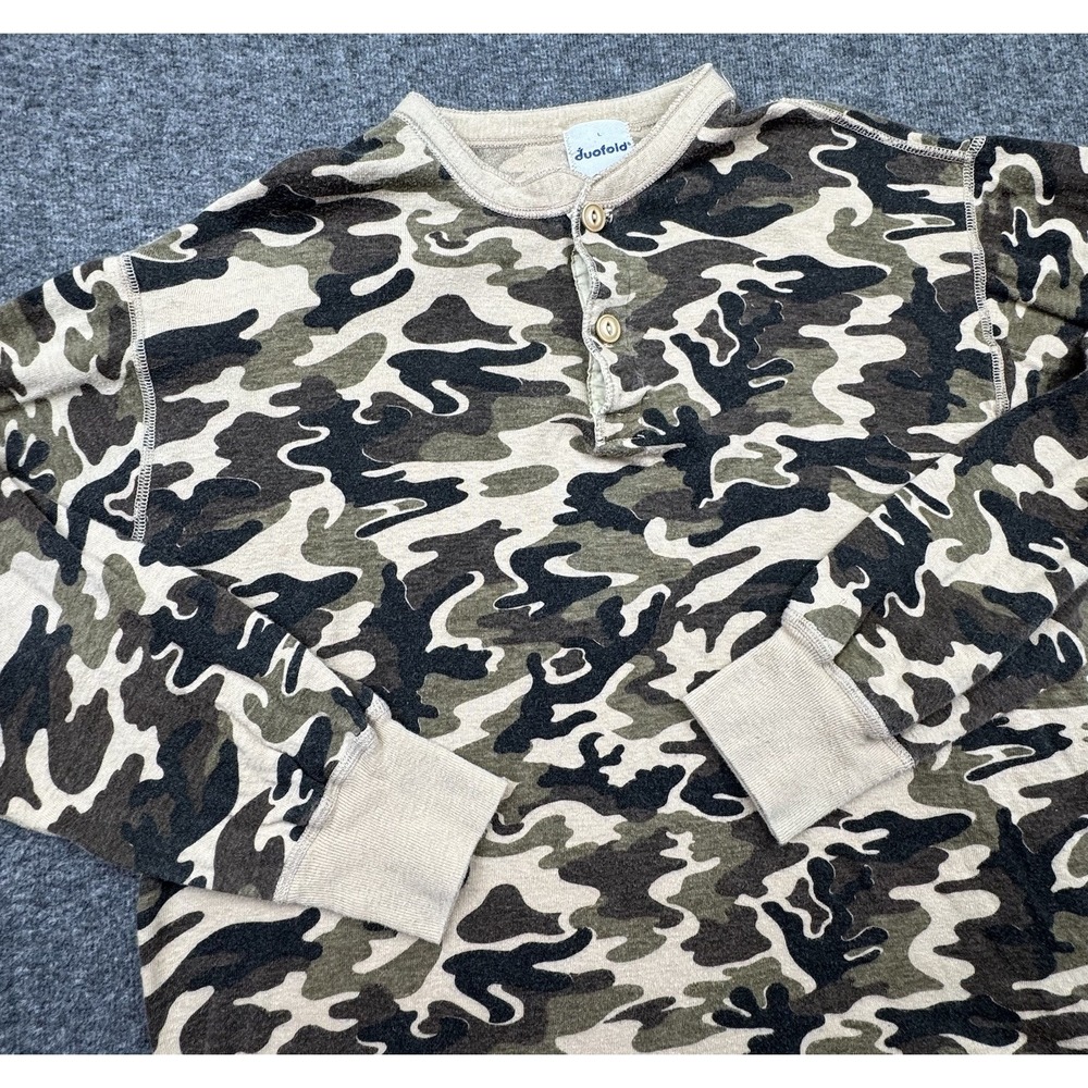 Duofold Shirt Mens Sz L Tan Camo Thermal Henley Long Sleeve Hunting Wool Vtg